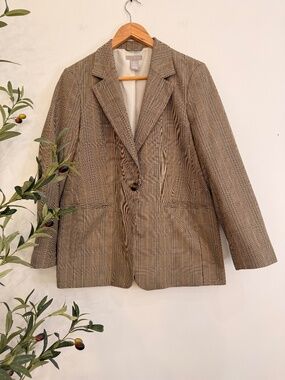 H&M Brown Plaid Single Button Blazer Glen Check Size Small